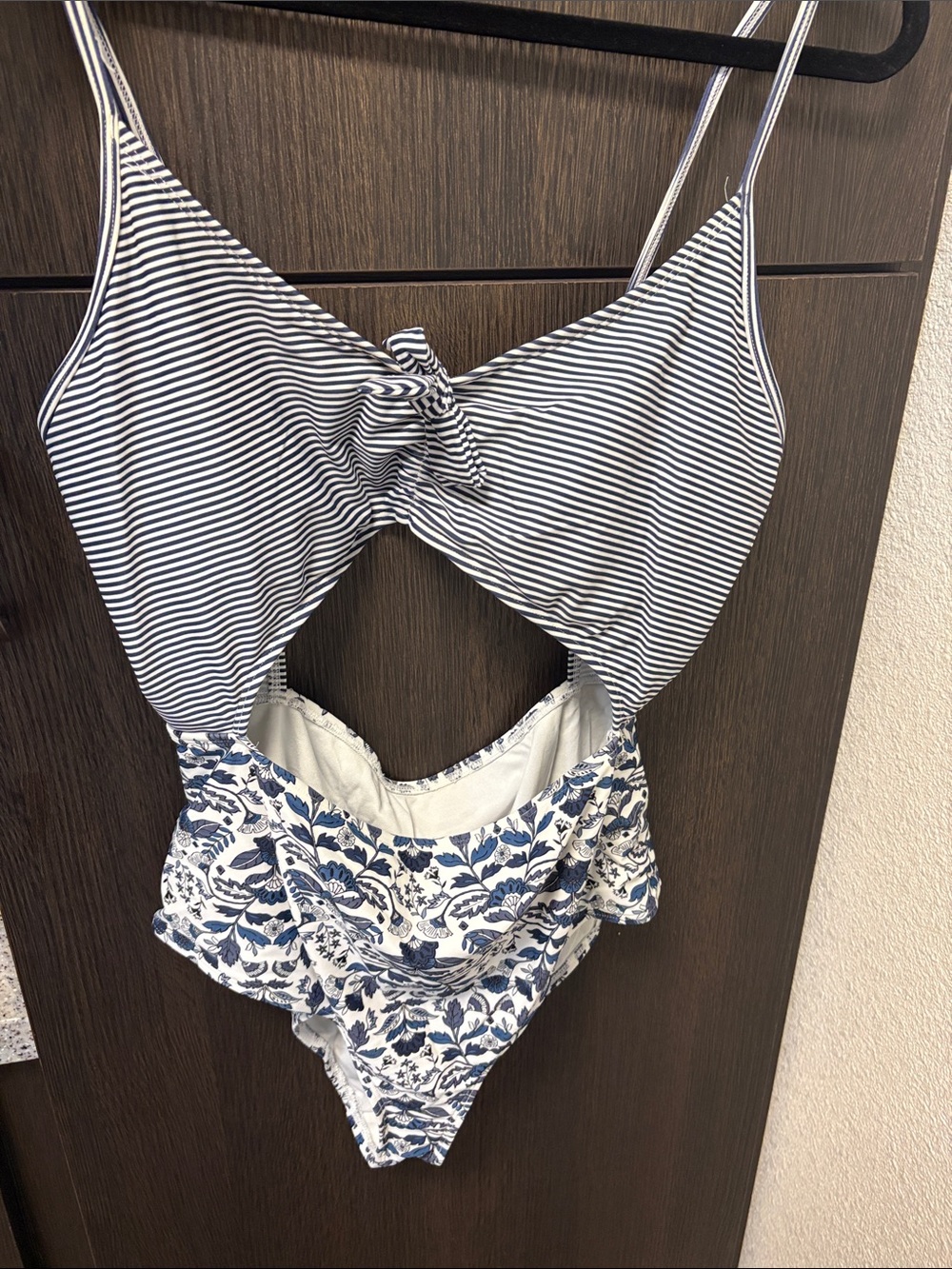 Striped & Floral Cutout One-Piece Swimsuit in Navy and White